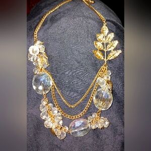 Large Crystal & gold tone leaf statement necklace